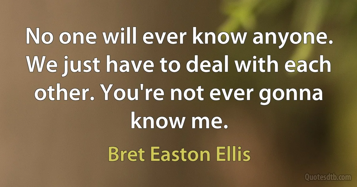 No one will ever know anyone. We just have to deal with each other. You're not ever gonna know me. (Bret Easton Ellis)