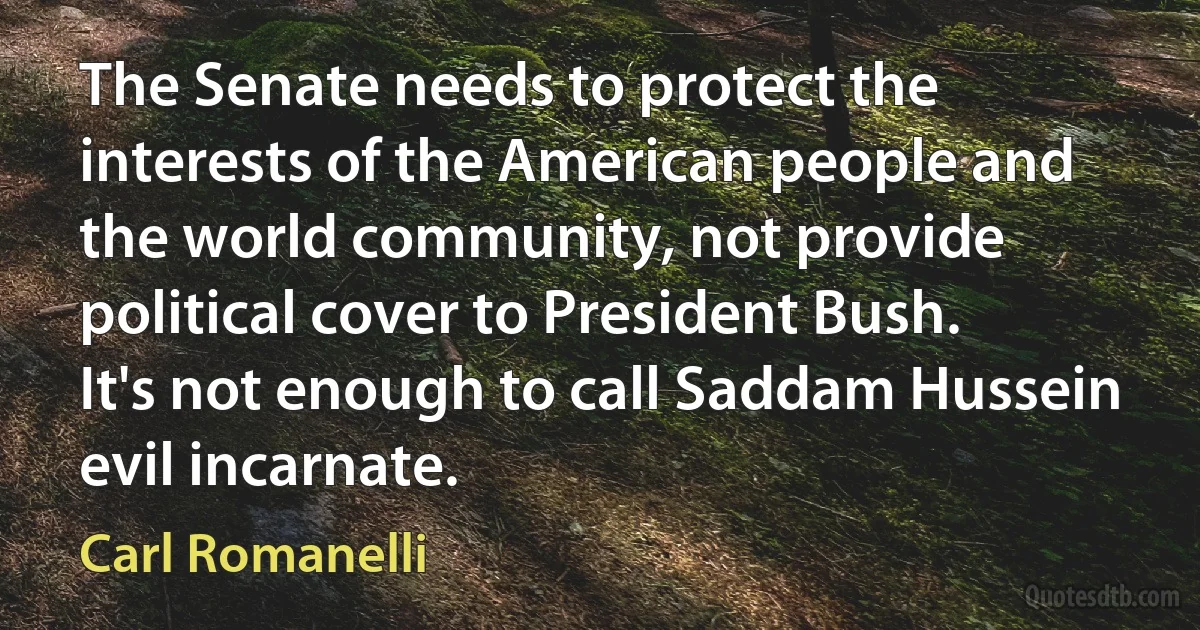 The Senate needs to protect the interests of the American people and the world community, not provide political cover to President Bush. It's not enough to call Saddam Hussein evil incarnate. (Carl Romanelli)