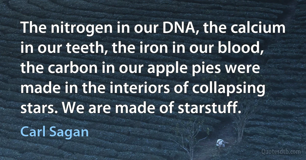 The nitrogen in our DNA, the calcium in our teeth, the iron in our blood, the carbon in our apple pies were made in the interiors of collapsing stars. We are made of starstuff. (Carl Sagan)