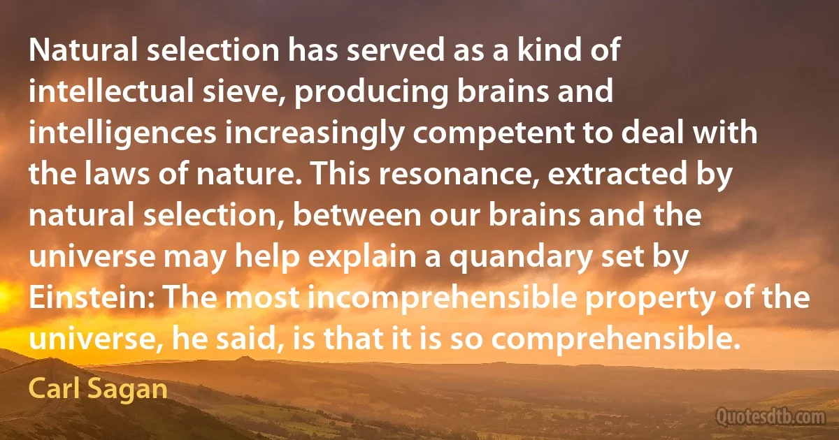 Natural selection has served as a kind of intellectual sieve, producing brains and intelligences increasingly competent to deal with the laws of nature. This resonance, extracted by natural selection, between our brains and the universe may help explain a quandary set by Einstein: The most incomprehensible property of the universe, he said, is that it is so comprehensible. (Carl Sagan)