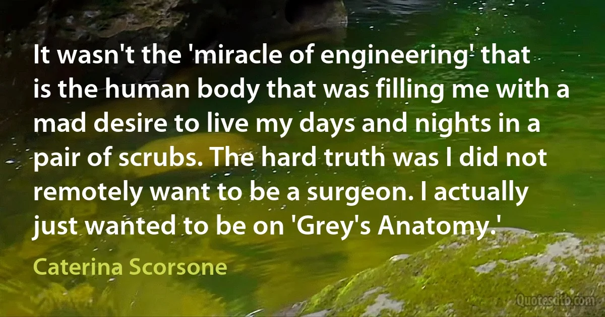 It wasn't the 'miracle of engineering' that is the human body that was filling me with a mad desire to live my days and nights in a pair of scrubs. The hard truth was I did not remotely want to be a surgeon. I actually just wanted to be on 'Grey's Anatomy.' (Caterina Scorsone)