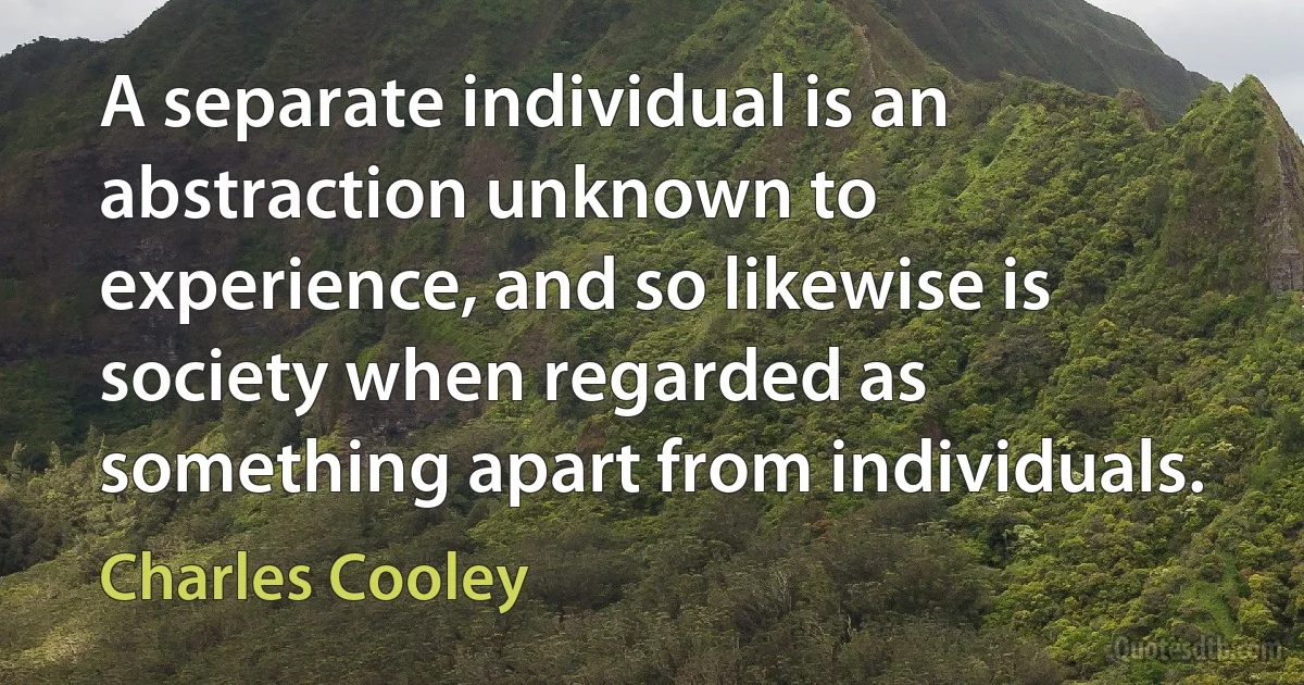 A separate individual is an abstraction unknown to experience, and so likewise is society when regarded as something apart from individuals. (Charles Cooley)