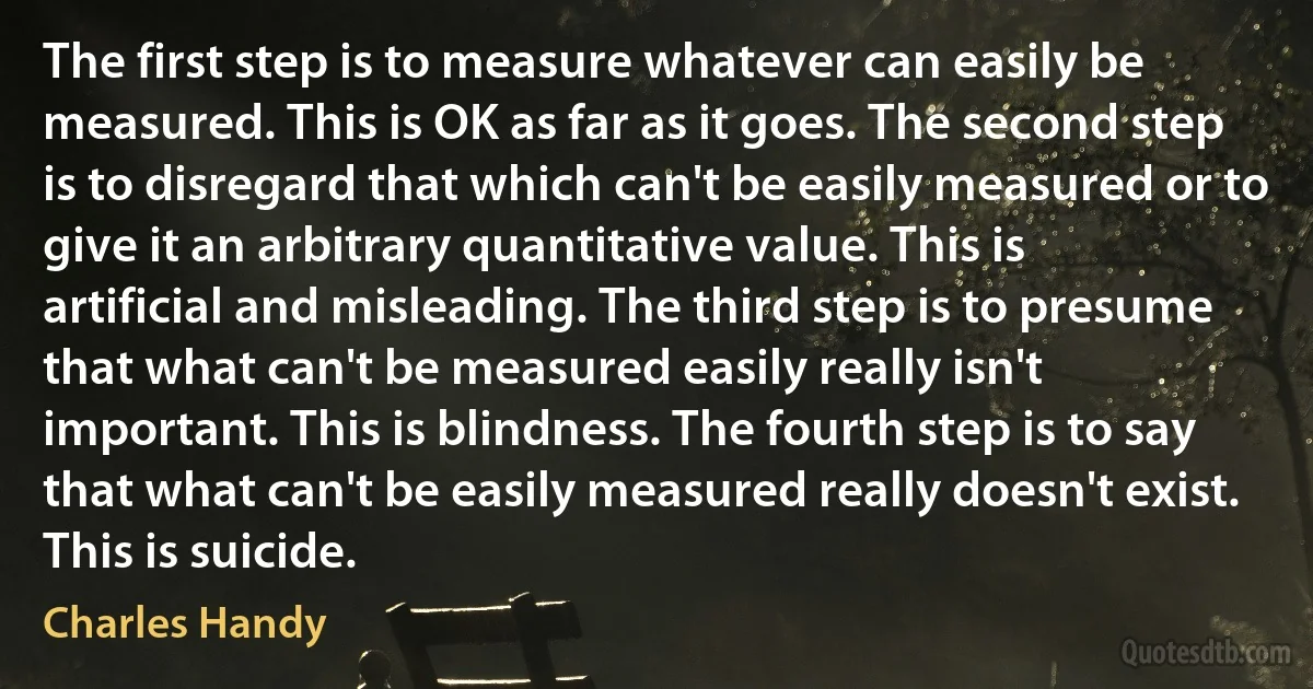 The first step is to measure whatever can easily be measured. This is OK as far as it goes. The second step is to disregard that which can't be easily measured or to give it an arbitrary quantitative value. This is artificial and misleading. The third step is to presume that what can't be measured easily really isn't important. This is blindness. The fourth step is to say that what can't be easily measured really doesn't exist. This is suicide. (Charles Handy)