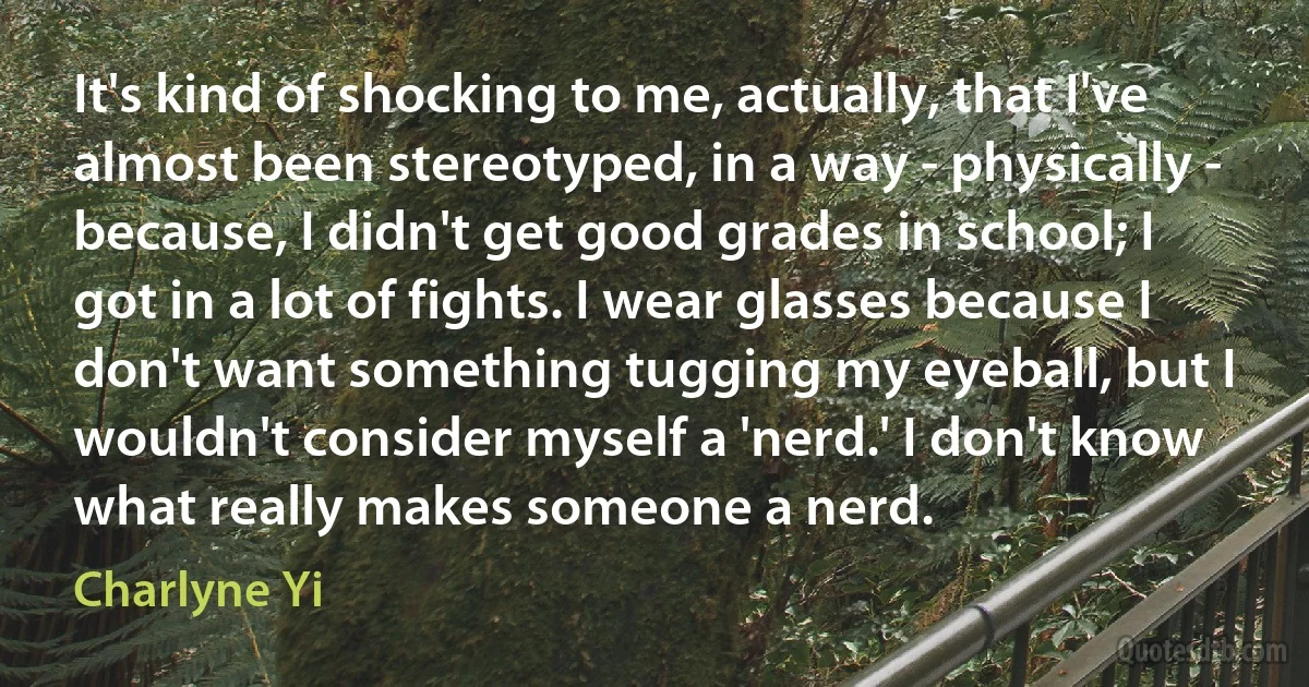 It's kind of shocking to me, actually, that I've almost been stereotyped, in a way - physically - because, I didn't get good grades in school; I got in a lot of fights. I wear glasses because I don't want something tugging my eyeball, but I wouldn't consider myself a 'nerd.' I don't know what really makes someone a nerd. (Charlyne Yi)