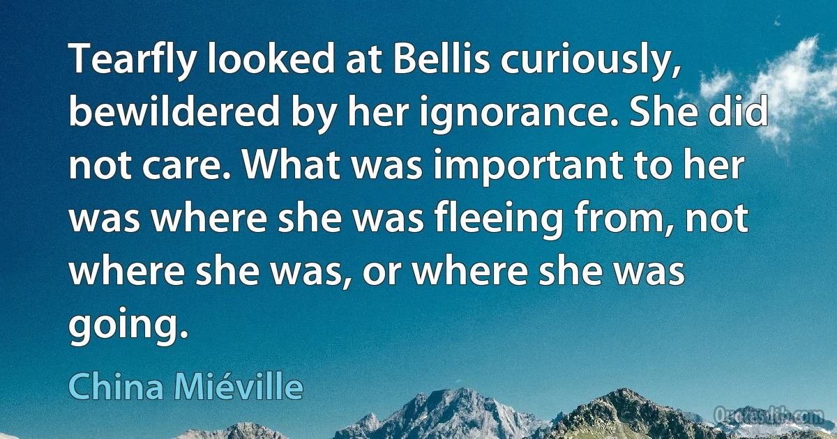 Tearfly looked at Bellis curiously, bewildered by her ignorance. She did not care. What was important to her was where she was fleeing from, not where she was, or where she was going. (China Miéville)