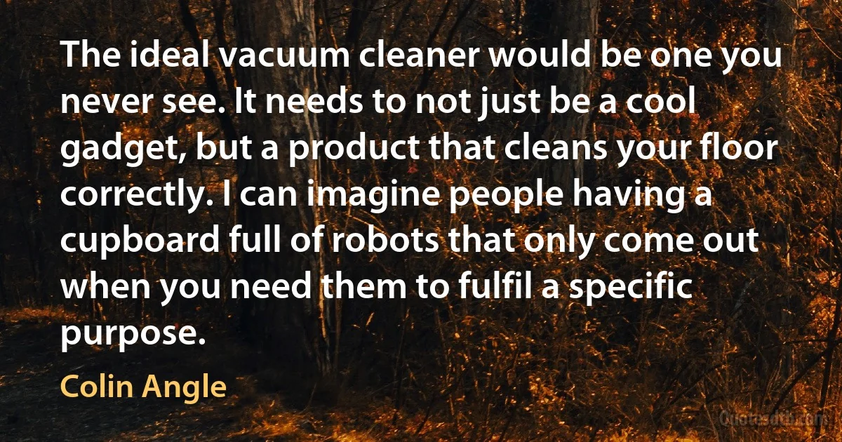 The ideal vacuum cleaner would be one you never see. It needs to not just be a cool gadget, but a product that cleans your floor correctly. I can imagine people having a cupboard full of robots that only come out when you need them to fulfil a specific purpose. (Colin Angle)