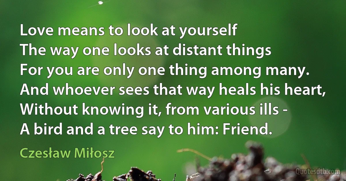 Love means to look at yourself
The way one looks at distant things
For you are only one thing among many.
And whoever sees that way heals his heart,
Without knowing it, from various ills -
A bird and a tree say to him: Friend. (Czesław Miłosz)