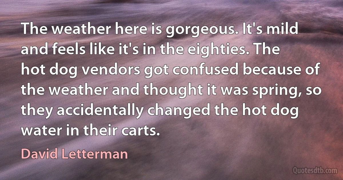 The weather here is gorgeous. It's mild and feels like it's in the eighties. The hot dog vendors got confused because of the weather and thought it was spring, so they accidentally changed the hot dog water in their carts. (David Letterman)