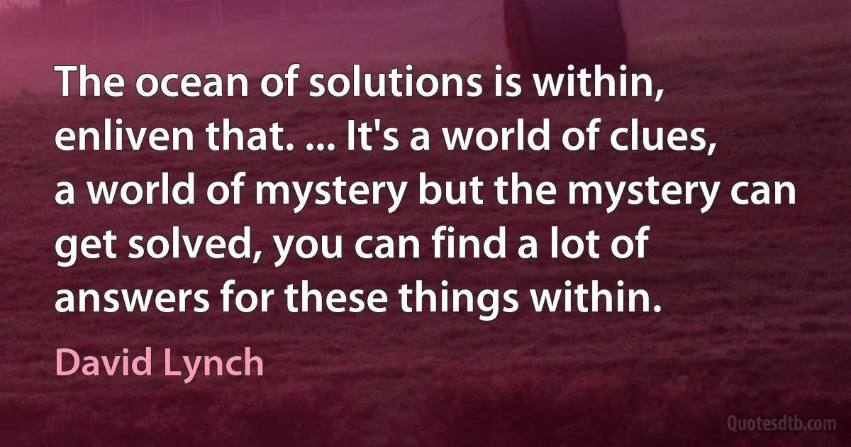 The ocean of solutions is within, enliven that. ... It's a world of clues, a world of mystery but the mystery can get solved, you can find a lot of answers for these things within. (David Lynch)