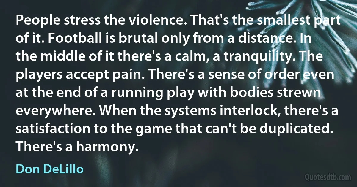 People stress the violence. That's the smallest part of it. Football is brutal only from a distance. In the middle of it there's a calm, a tranquility. The players accept pain. There's a sense of order even at the end of a running play with bodies strewn everywhere. When the systems interlock, there's a satisfaction to the game that can't be duplicated. There's a harmony. (Don DeLillo)