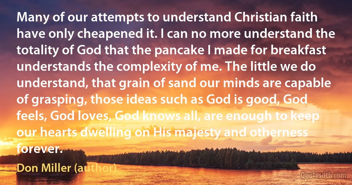 Many of our attempts to understand Christian faith have only cheapened it. I can no more understand the totality of God that the pancake I made for breakfast understands the complexity of me. The little we do understand, that grain of sand our minds are capable of grasping, those ideas such as God is good, God feels, God loves, God knows all, are enough to keep our hearts dwelling on His majesty and otherness forever. (Don Miller (author))