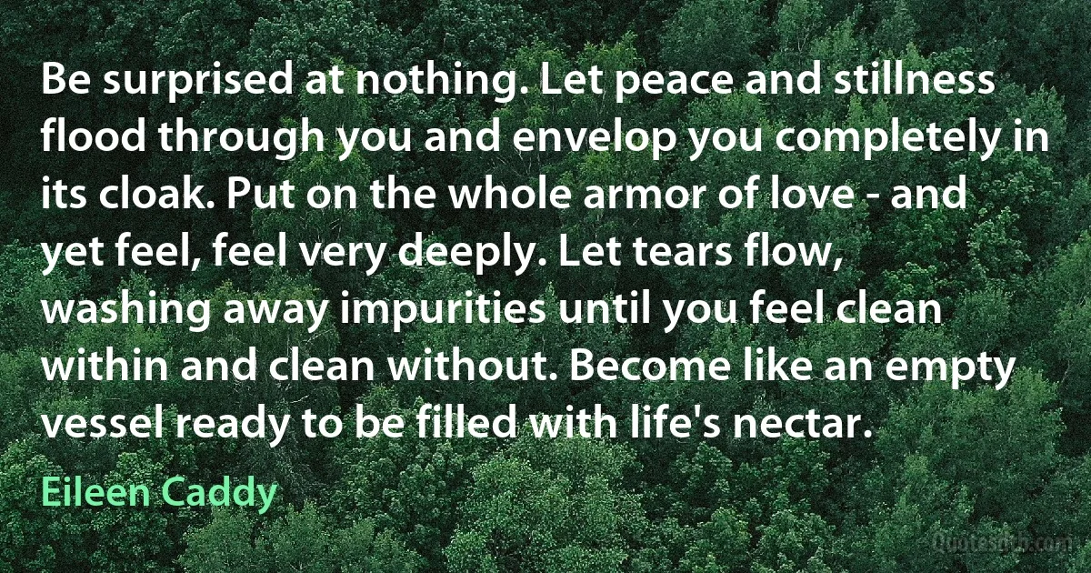 Be surprised at nothing. Let peace and stillness flood through you and envelop you completely in its cloak. Put on the whole armor of love - and yet feel, feel very deeply. Let tears flow, washing away impurities until you feel clean within and clean without. Become like an empty vessel ready to be filled with life's nectar. (Eileen Caddy)