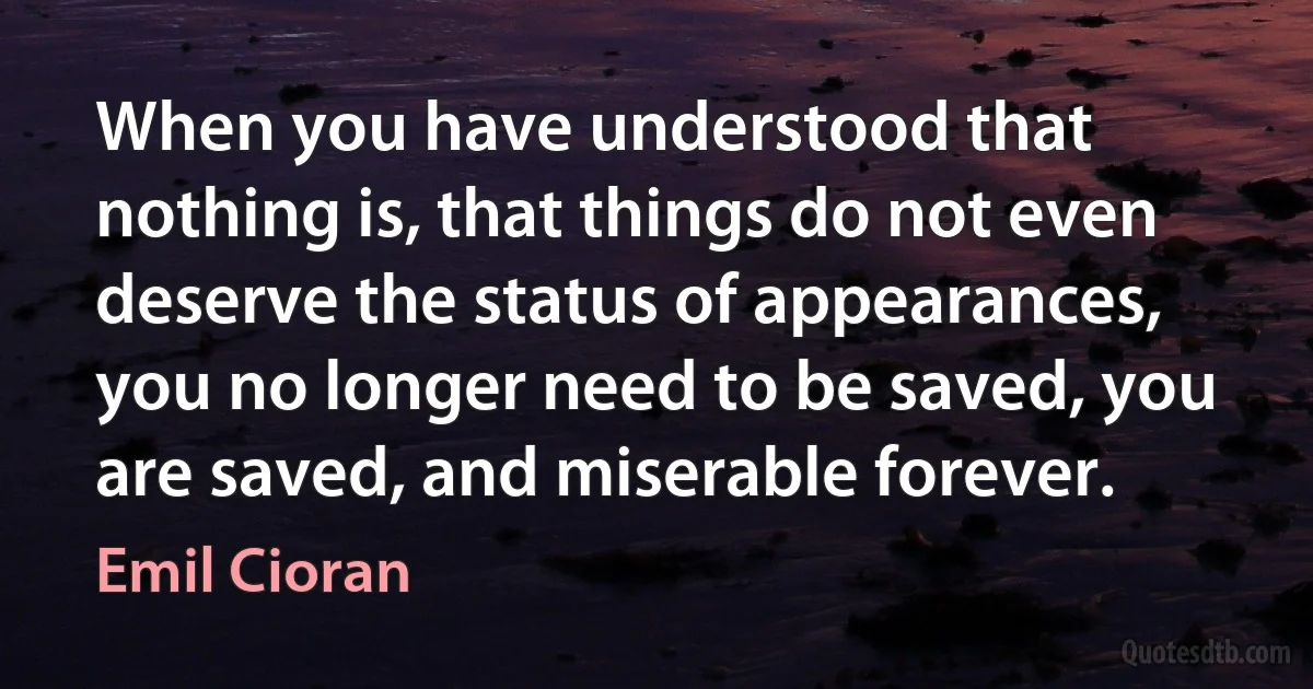 When you have understood that nothing is, that things do not even deserve the status of appearances, you no longer need to be saved, you are saved, and miserable forever. (Emil Cioran)