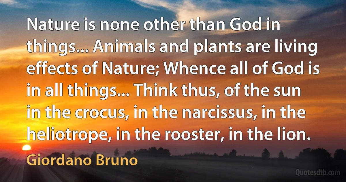 Nature is none other than God in things... Animals and plants are living effects of Nature; Whence all of God is in all things... Think thus, of the sun in the crocus, in the narcissus, in the heliotrope, in the rooster, in the lion. (Giordano Bruno)