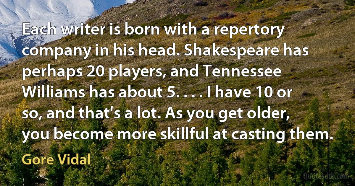 Each writer is born with a repertory company in his head. Shakespeare has perhaps 20 players, and Tennessee Williams has about 5. . . . I have 10 or so, and that's a lot. As you get older, you become more skillful at casting them. (Gore Vidal)