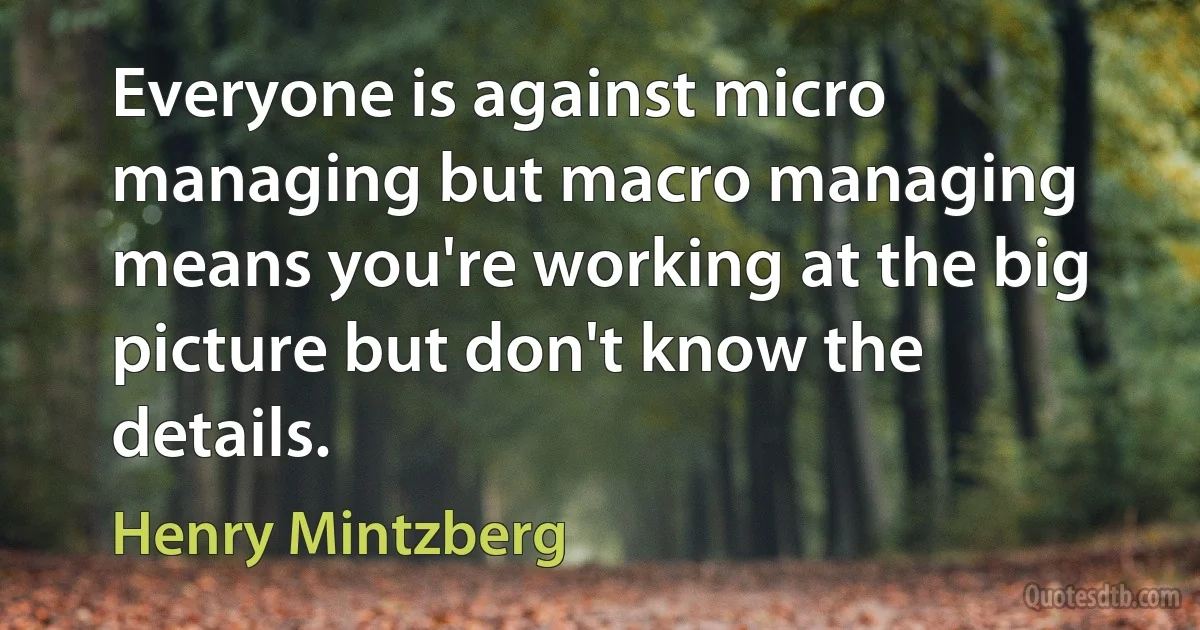 Everyone is against micro managing but macro managing means you're working at the big picture but don't know the details. (Henry Mintzberg)