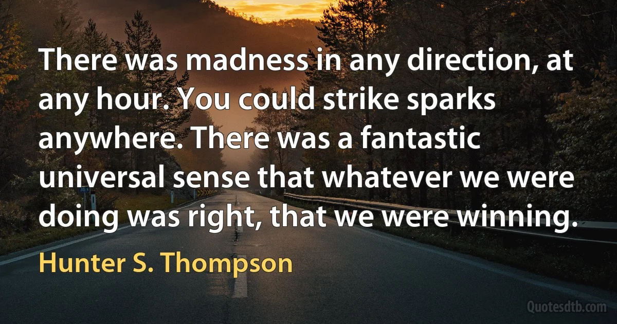 There was madness in any direction, at any hour. You could strike sparks anywhere. There was a fantastic universal sense that whatever we were doing was right, that we were winning. (Hunter S. Thompson)