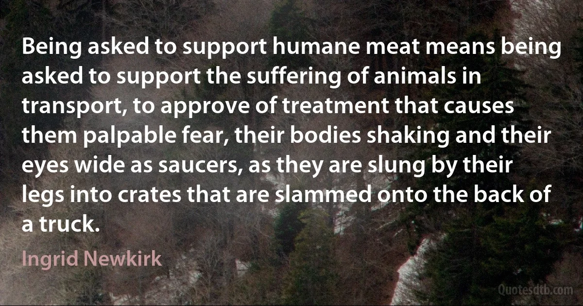 Being asked to support humane meat means being asked to support the suffering of animals in transport, to approve of treatment that causes them palpable fear, their bodies shaking and their eyes wide as saucers, as they are slung by their legs into crates that are slammed onto the back of a truck. (Ingrid Newkirk)