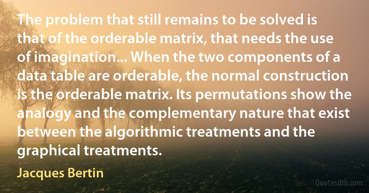 The problem that still remains to be solved is that of the orderable matrix, that needs the use of imagination... When the two components of a data table are orderable, the normal construction is the orderable matrix. Its permutations show the analogy and the complementary nature that exist between the algorithmic treatments and the graphical treatments. (Jacques Bertin)