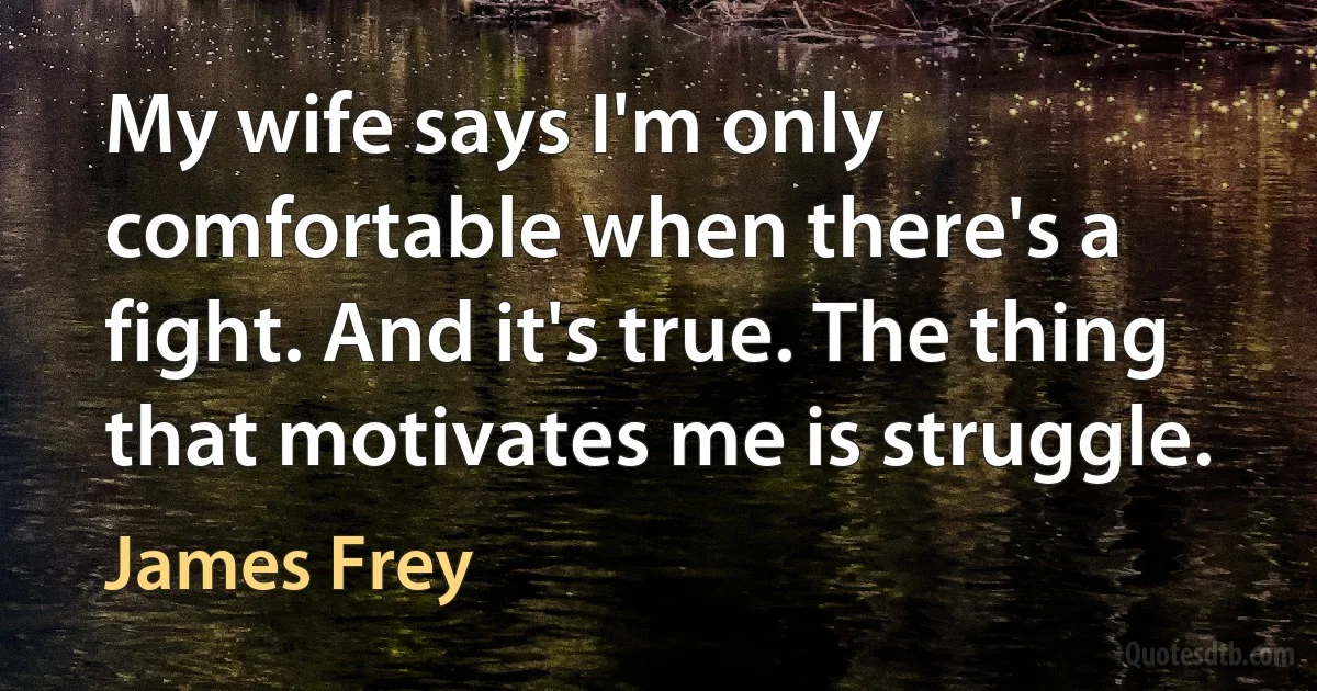 My wife says I'm only comfortable when there's a fight. And it's true. The thing that motivates me is struggle. (James Frey)