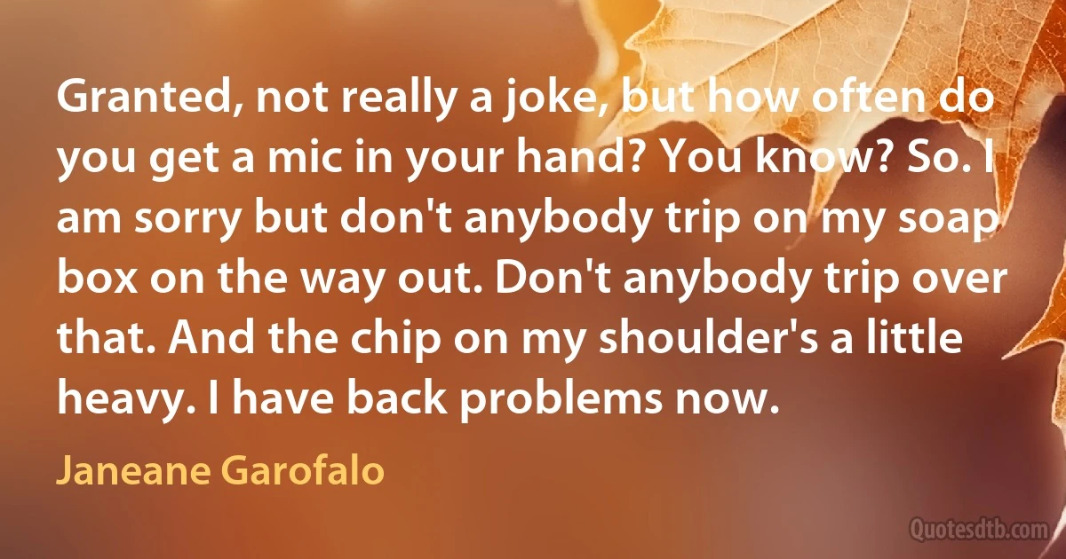 Granted, not really a joke, but how often do you get a mic in your hand? You know? So. I am sorry but don't anybody trip on my soap box on the way out. Don't anybody trip over that. And the chip on my shoulder's a little heavy. I have back problems now. (Janeane Garofalo)