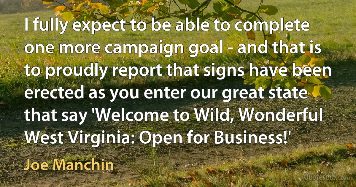 I fully expect to be able to complete one more campaign goal - and that is to proudly report that signs have been erected as you enter our great state that say 'Welcome to Wild, Wonderful West Virginia: Open for Business!' (Joe Manchin)