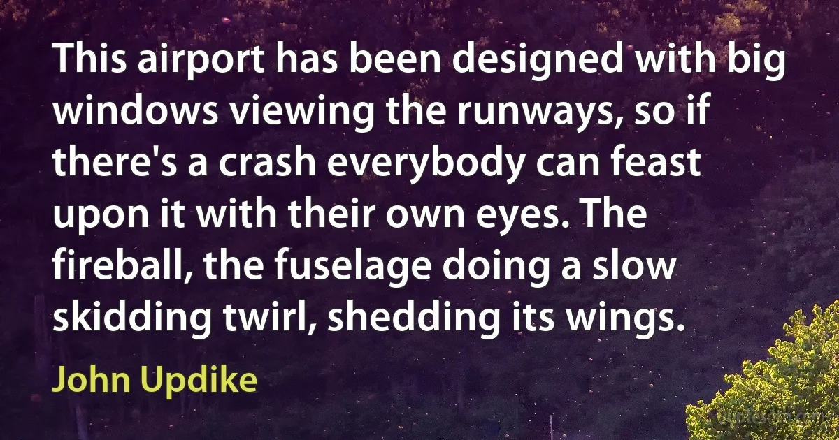 This airport has been designed with big windows viewing the runways, so if there's a crash everybody can feast upon it with their own eyes. The fireball, the fuselage doing a slow skidding twirl, shedding its wings. (John Updike)