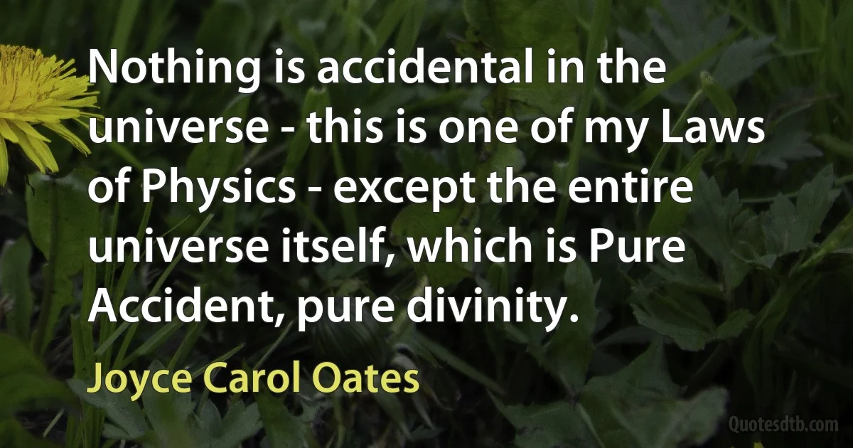 Nothing is accidental in the universe - this is one of my Laws of Physics - except the entire universe itself, which is Pure Accident, pure divinity. (Joyce Carol Oates)