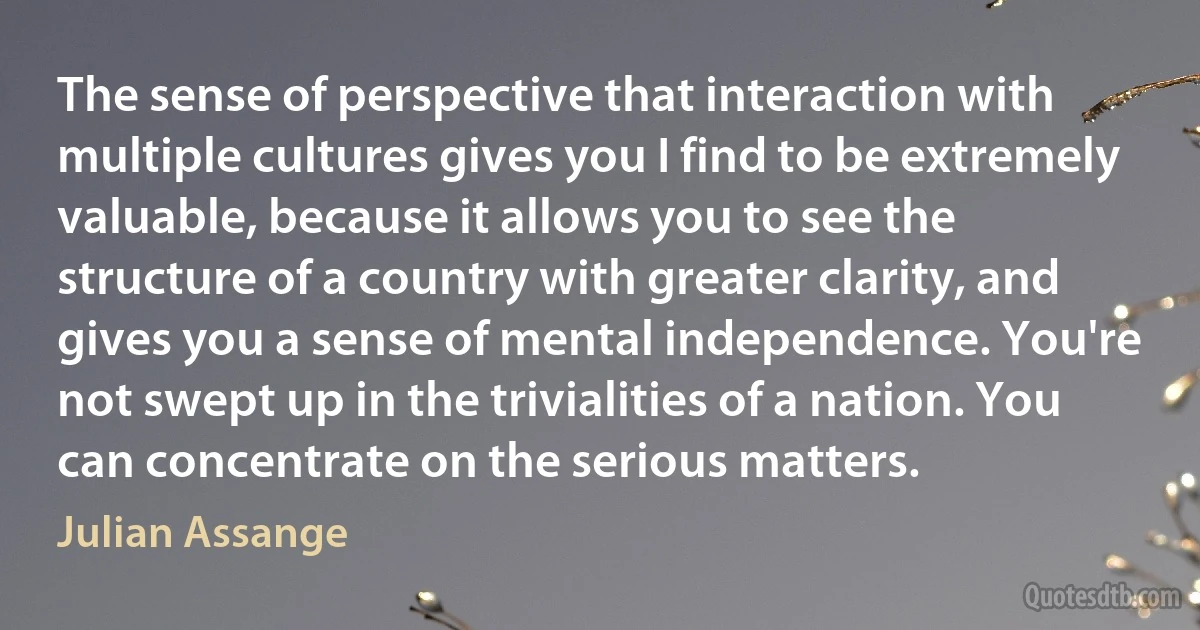 The sense of perspective that interaction with multiple cultures gives you I find to be extremely valuable, because it allows you to see the structure of a country with greater clarity, and gives you a sense of mental independence. You're not swept up in the trivialities of a nation. You can concentrate on the serious matters. (Julian Assange)