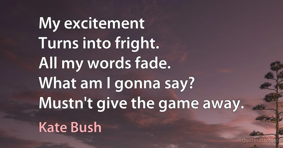 My excitement
Turns into fright.
All my words fade.
What am I gonna say?
Mustn't give the game away. (Kate Bush)