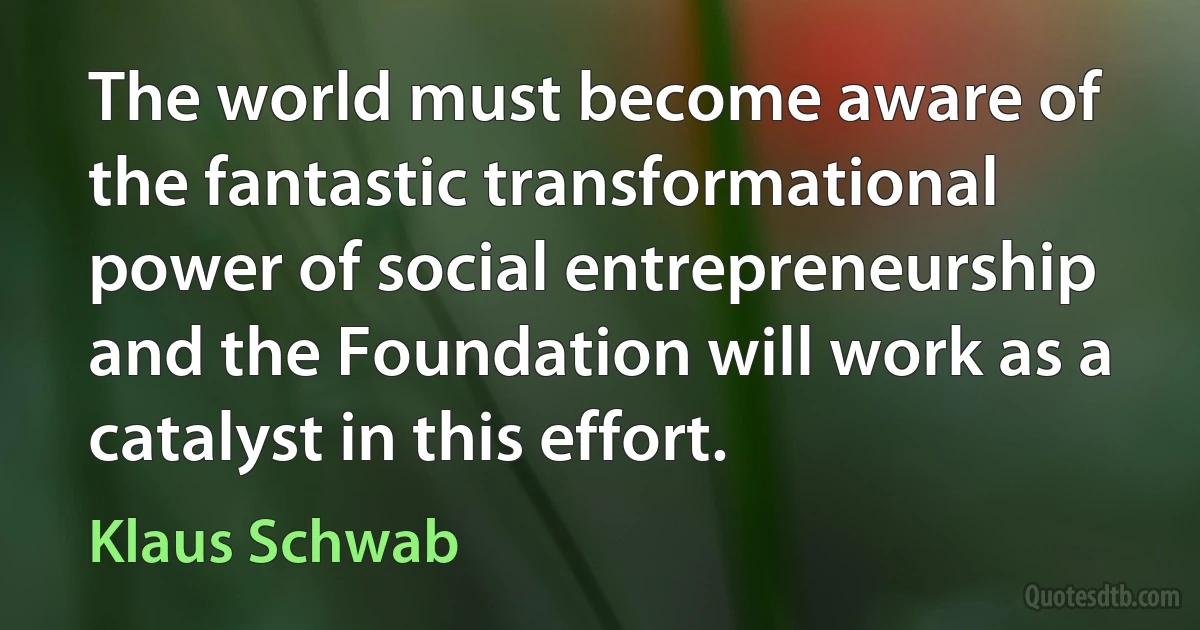 The world must become aware of the fantastic transformational power of social entrepreneurship and the Foundation will work as a catalyst in this effort. (Klaus Schwab)