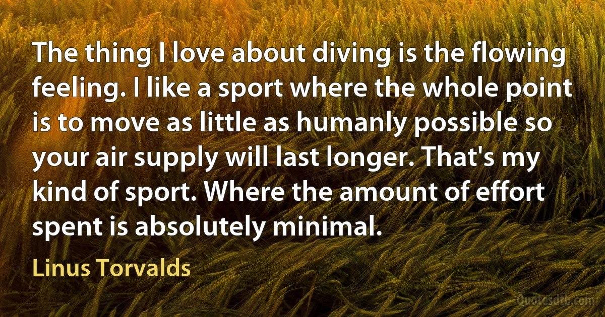 The thing I love about diving is the flowing feeling. I like a sport where the whole point is to move as little as humanly possible so your air supply will last longer. That's my kind of sport. Where the amount of effort spent is absolutely minimal. (Linus Torvalds)