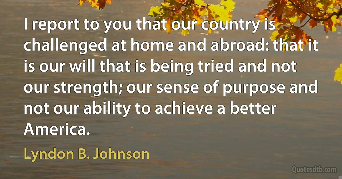 I report to you that our country is challenged at home and abroad: that it is our will that is being tried and not our strength; our sense of purpose and not our ability to achieve a better America. (Lyndon B. Johnson)