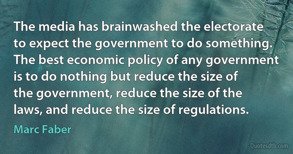 The media has brainwashed the electorate to expect the government to do something. The best economic policy of any government is to do nothing but reduce the size of the government, reduce the size of the laws, and reduce the size of regulations. (Marc Faber)