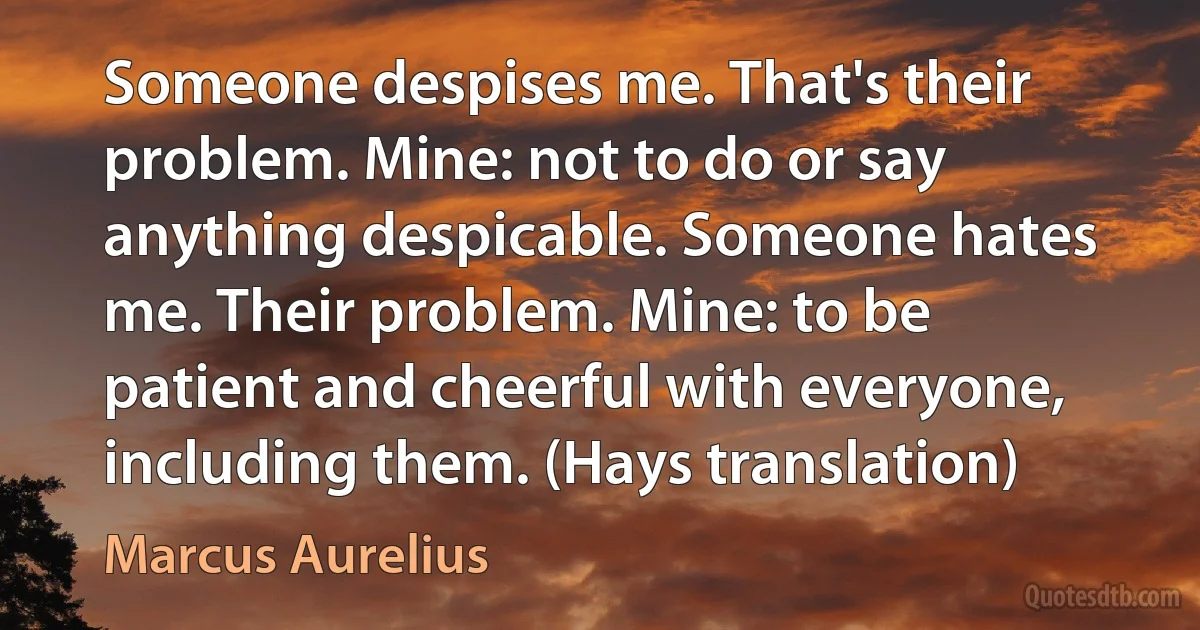 Someone despises me. That's their problem. Mine: not to do or say anything despicable. Someone hates me. Their problem. Mine: to be patient and cheerful with everyone, including them. (Hays translation) (Marcus Aurelius)