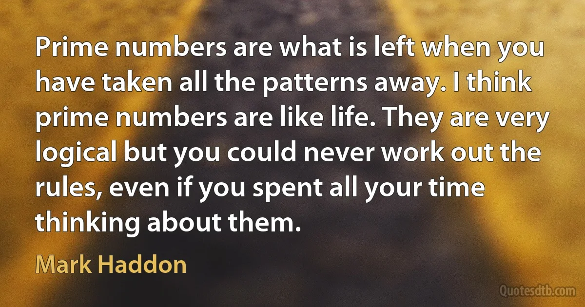 Prime numbers are what is left when you have taken all the patterns away. I think prime numbers are like life. They are very logical but you could never work out the rules, even if you spent all your time thinking about them. (Mark Haddon)