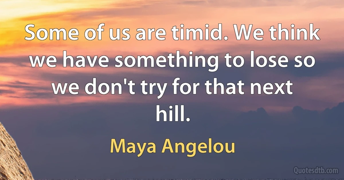 Some of us are timid. We think we have something to lose so we don't try for that next hill. (Maya Angelou)