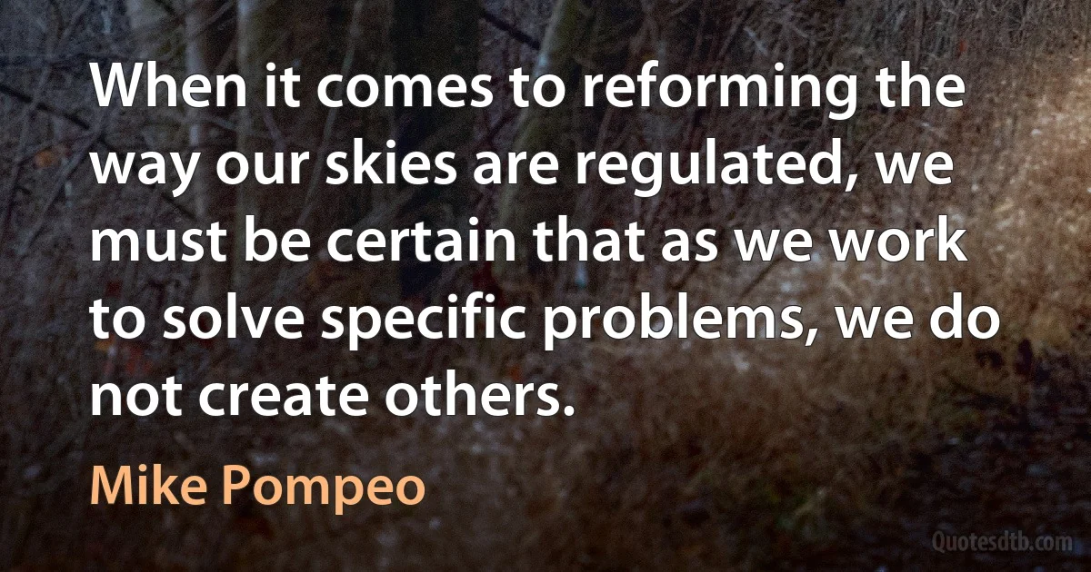 When it comes to reforming the way our skies are regulated, we must be certain that as we work to solve specific problems, we do not create others. (Mike Pompeo)