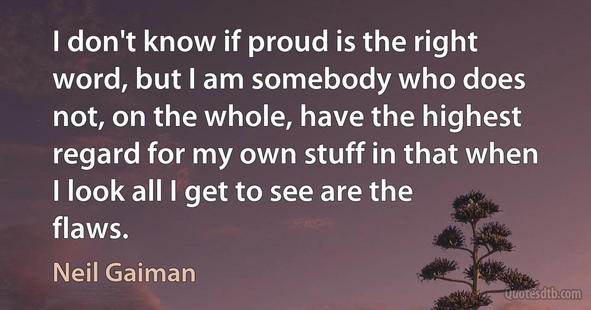 I don't know if proud is the right word, but I am somebody who does not, on the whole, have the highest regard for my own stuff in that when I look all I get to see are the flaws. (Neil Gaiman)