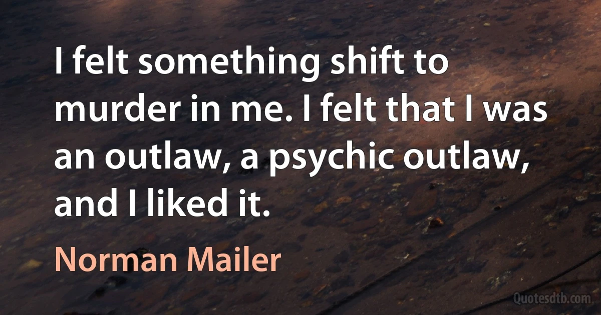 I felt something shift to murder in me. I felt that I was an outlaw, a psychic outlaw, and I liked it. (Norman Mailer)