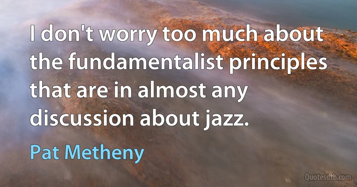 I don't worry too much about the fundamentalist principles that are in almost any discussion about jazz. (Pat Metheny)