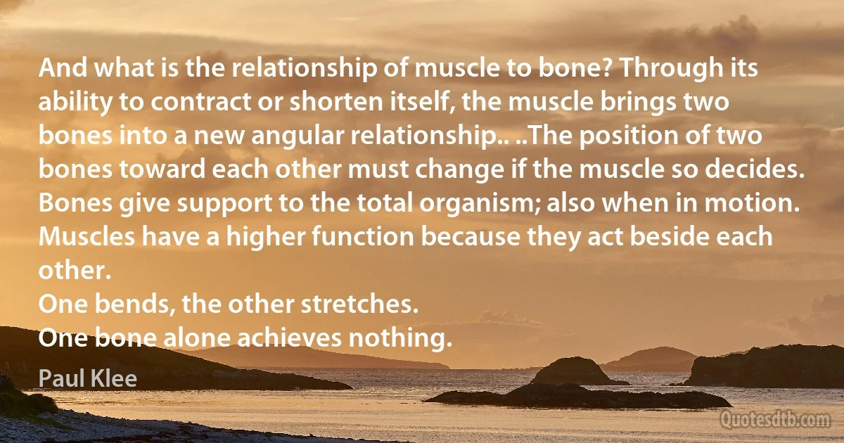 And what is the relationship of muscle to bone? Through its ability to contract or shorten itself, the muscle brings two bones into a new angular relationship.. ..The position of two bones toward each other must change if the muscle so decides.
Bones give support to the total organism; also when in motion.
Muscles have a higher function because they act beside each other.
One bends, the other stretches.
One bone alone achieves nothing. (Paul Klee)