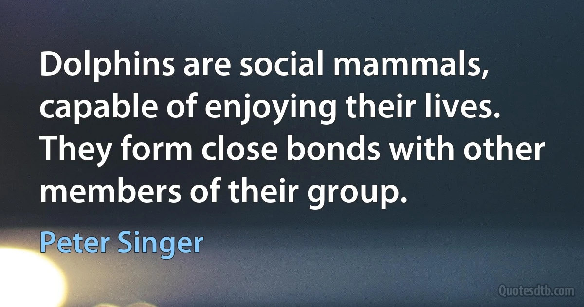 Dolphins are social mammals, capable of enjoying their lives. They form close bonds with other members of their group. (Peter Singer)