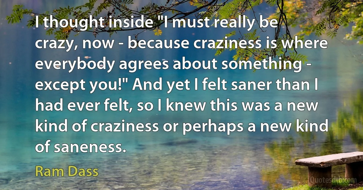 I thought inside "I must really be crazy, now - because craziness is where everybody agrees about something - except you!" And yet I felt saner than I had ever felt, so I knew this was a new kind of craziness or perhaps a new kind of saneness. (Ram Dass)