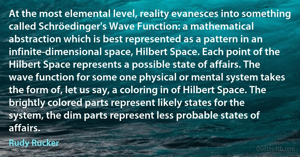 At the most elemental level, reality evanesces into something called Schröedinger's Wave Function: a mathematical abstraction which is best represented as a pattern in an infinite-dimensional space, Hilbert Space. Each point of the Hilbert Space represents a possible state of affairs. The wave function for some one physical or mental system takes the form of, let us say, a coloring in of Hilbert Space. The brightly colored parts represent likely states for the system, the dim parts represent less probable states of affairs. (Rudy Rucker)