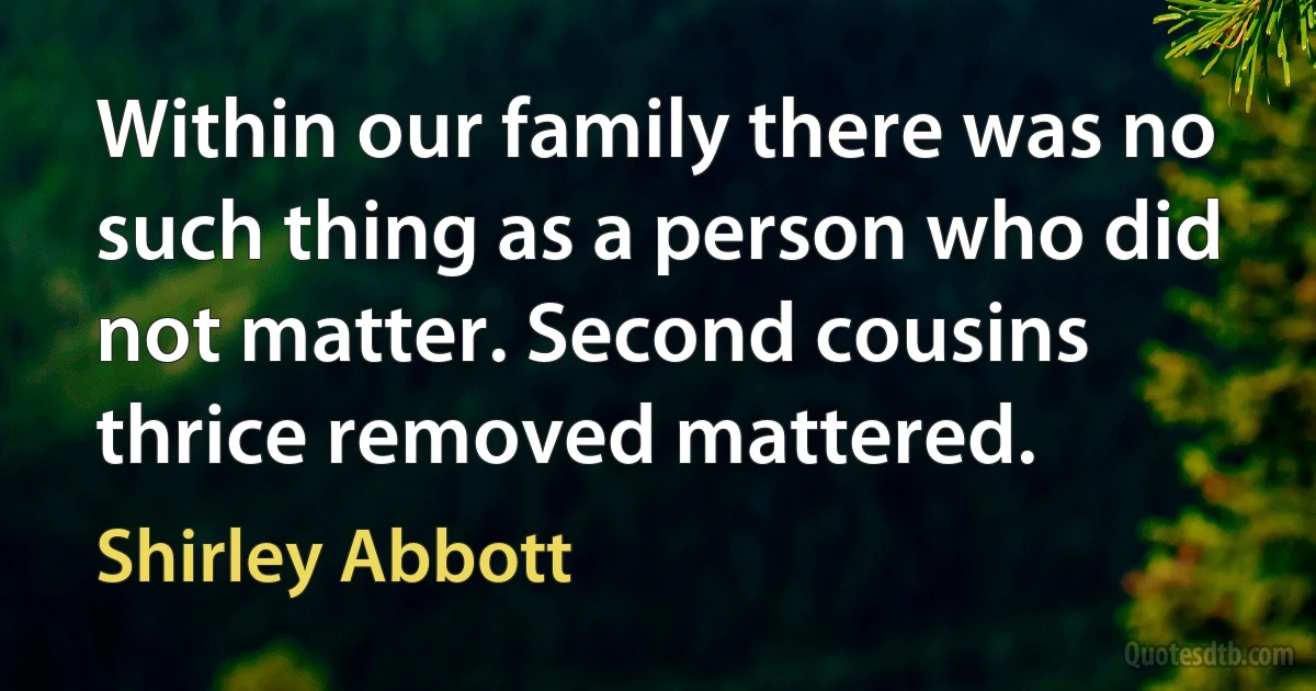 Within our family there was no such thing as a person who did not matter. Second cousins thrice removed mattered. (Shirley Abbott)