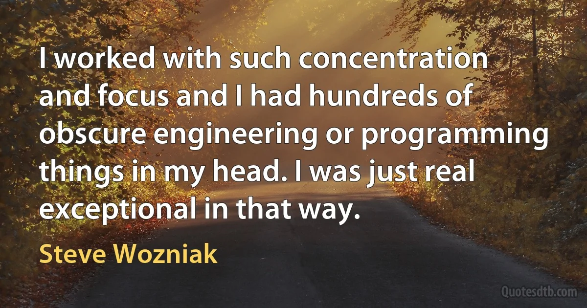 I worked with such concentration and focus and I had hundreds of obscure engineering or programming things in my head. I was just real exceptional in that way. (Steve Wozniak)