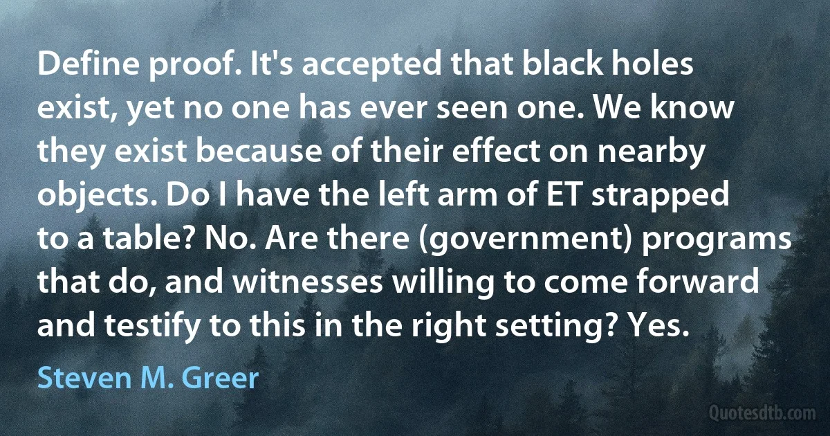 Define proof. It's accepted that black holes exist, yet no one has ever seen one. We know they exist because of their effect on nearby objects. Do I have the left arm of ET strapped to a table? No. Are there (government) programs that do, and witnesses willing to come forward and testify to this in the right setting? Yes. (Steven M. Greer)