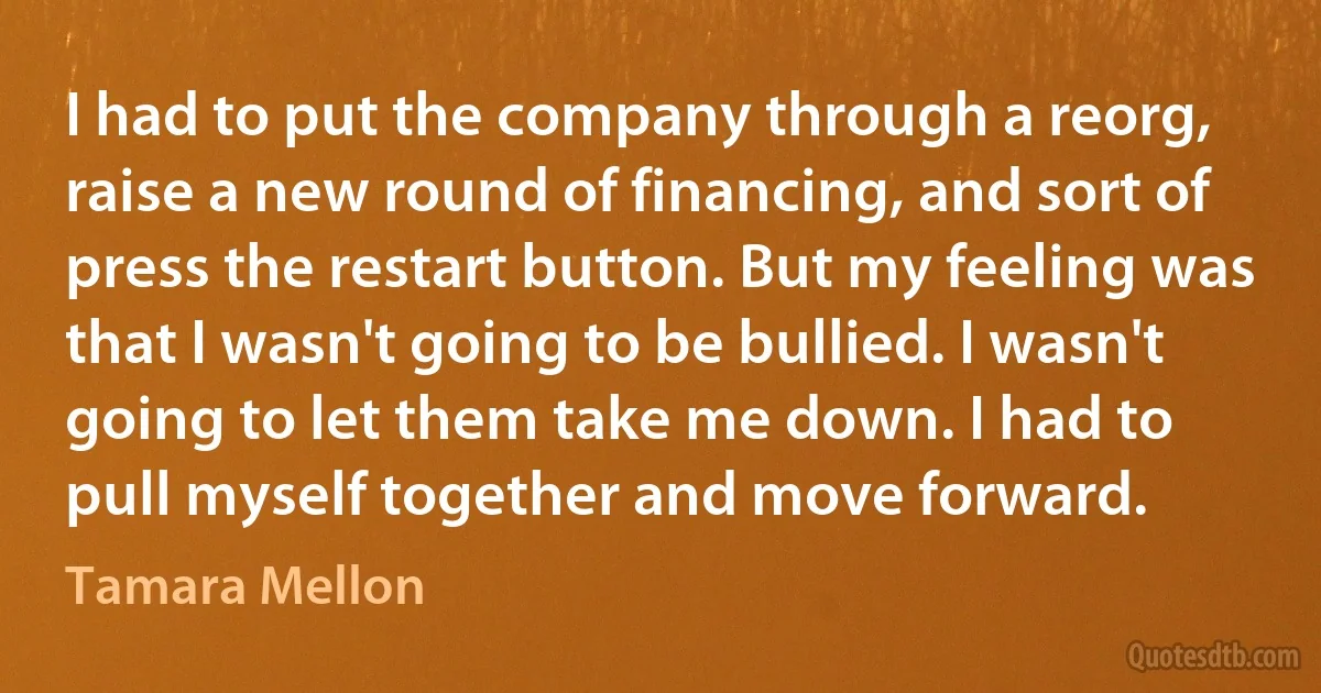 I had to put the company through a reorg, raise a new round of financing, and sort of press the restart button. But my feeling was that I wasn't going to be bullied. I wasn't going to let them take me down. I had to pull myself together and move forward. (Tamara Mellon)