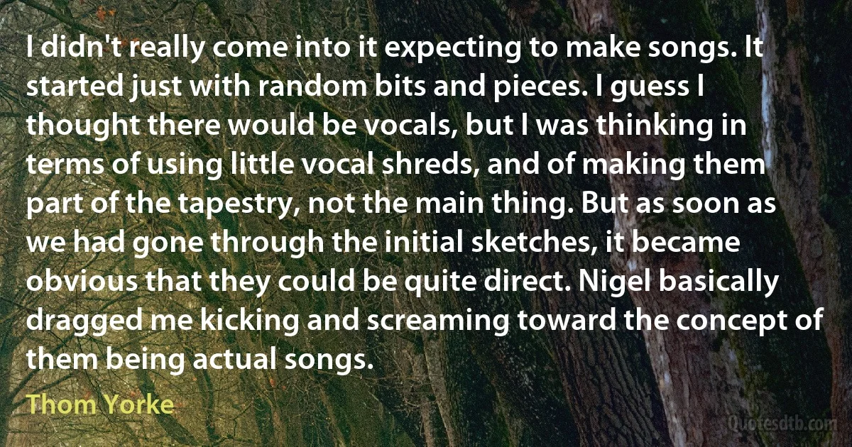 I didn't really come into it expecting to make songs. It started just with random bits and pieces. I guess I thought there would be vocals, but I was thinking in terms of using little vocal shreds, and of making them part of the tapestry, not the main thing. But as soon as we had gone through the initial sketches, it became obvious that they could be quite direct. Nigel basically dragged me kicking and screaming toward the concept of them being actual songs. (Thom Yorke)